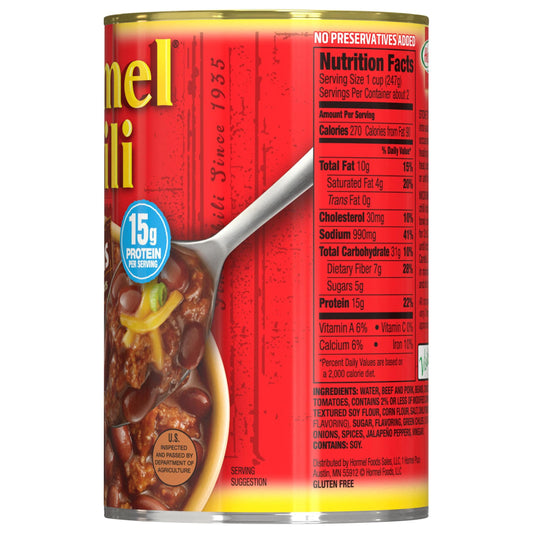 HORMEL Chili with Beans, No Artificial Ingredients, 15 oz Steel Can