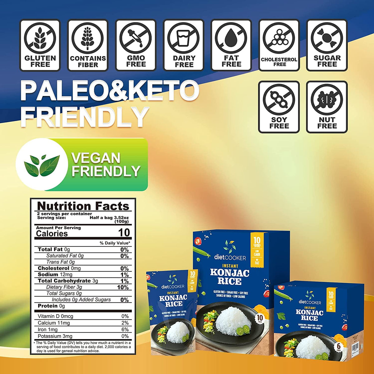 DIET COOKER Shirataki Rice, 6 Pack Konjac Rice Inside, Keto & Vegan Fr