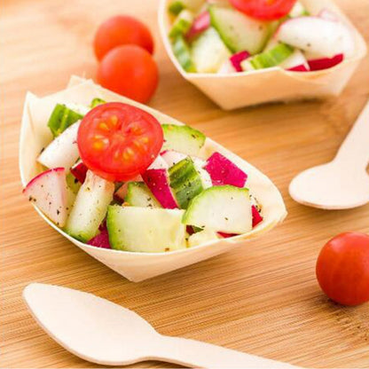 50 Pcs Disposable Wooden Natural Birch Wooden Serving Boats Plates Dishes for Foods Snacks Nibbles (6X4X2cm)