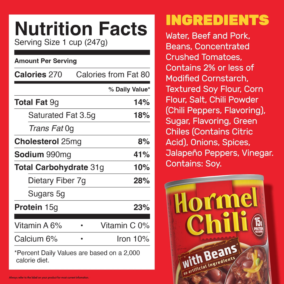 HORMEL Chili with Beans, No Artificial Ingredients, 15 oz Steel Can