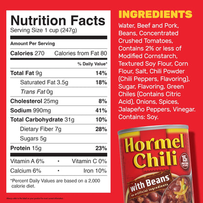 HORMEL Chili with Beans, No Artificial Ingredients, 15 oz Steel Can
